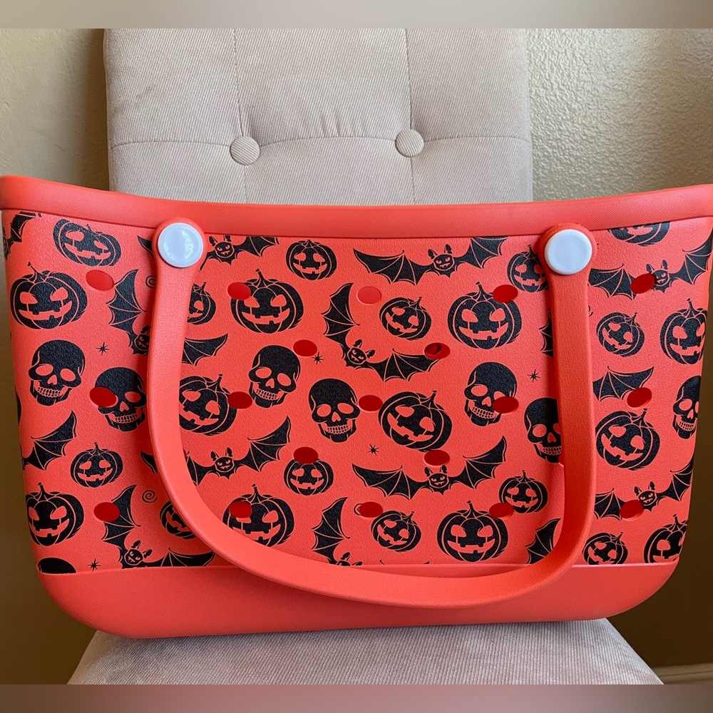 HALLOWEEN Reusable Large Orange Beach Tote Bag Printed Skulls Bats Pumpkins NEW